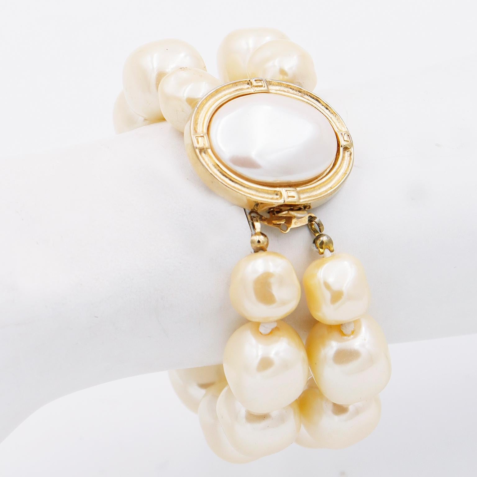 Givenchy Vintage Double Strand Faux Baroque Pearl Bracelet w Gold Plate Clasp For Sale 2