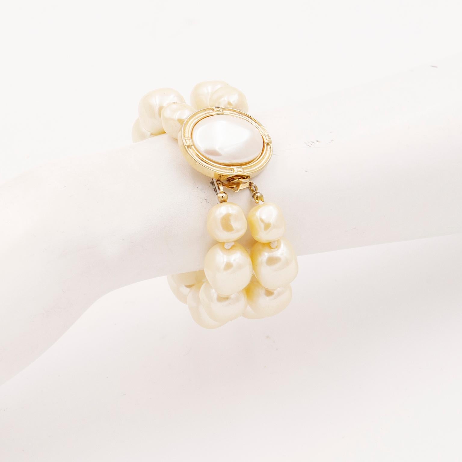 Givenchy Vintage Double Strand Faux Baroque Pearl Bracelet w Gold Plate Clasp For Sale 3