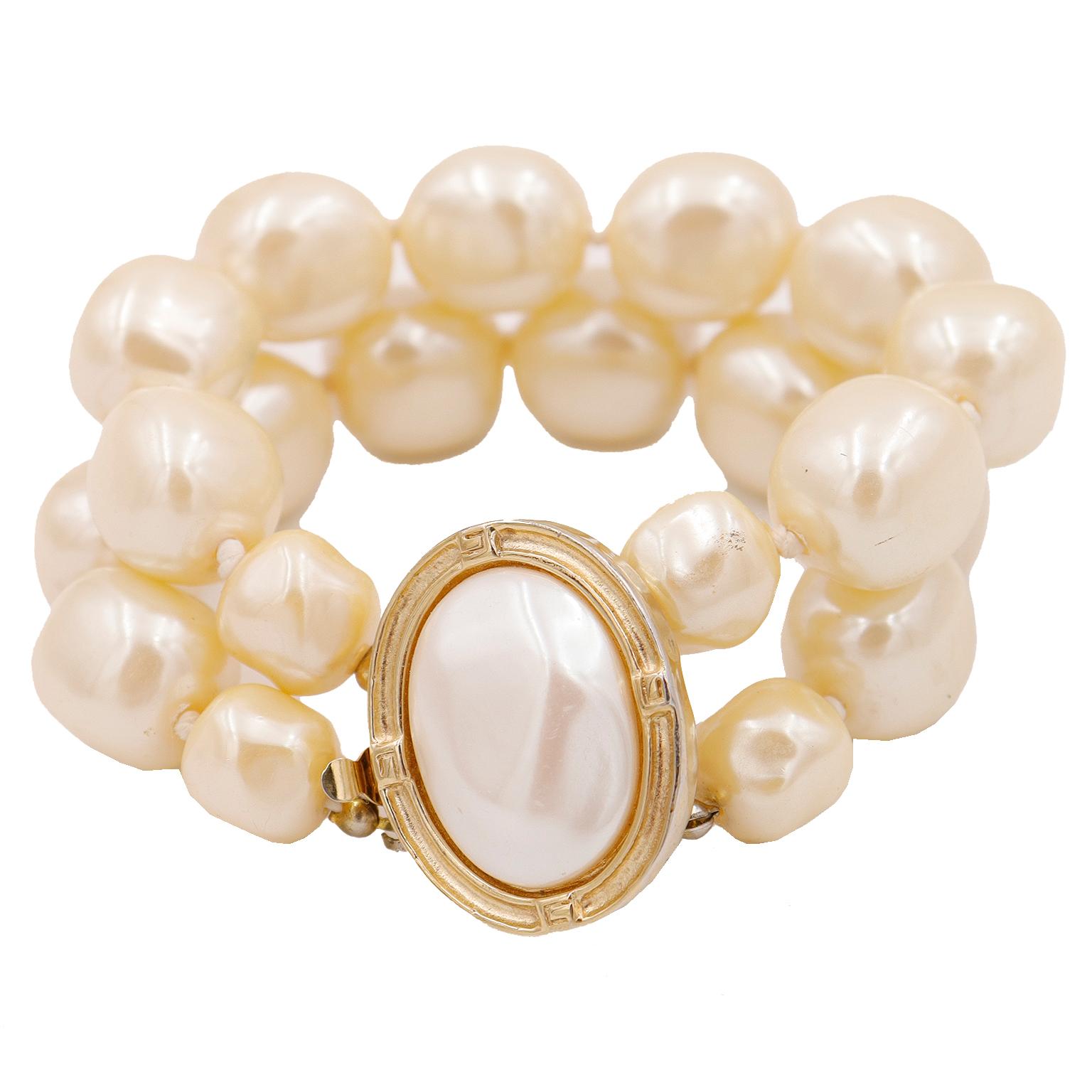 Givenchy Vintage Double Strand Faux Baroque Pearl Bracelet w Gold Plate Clasp For Sale 5