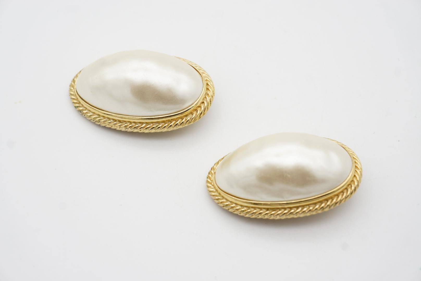 Givenchy Vintage Extra Large White Oval Pearl Gold Elegant Chunky Clip Earrings For Sale 4