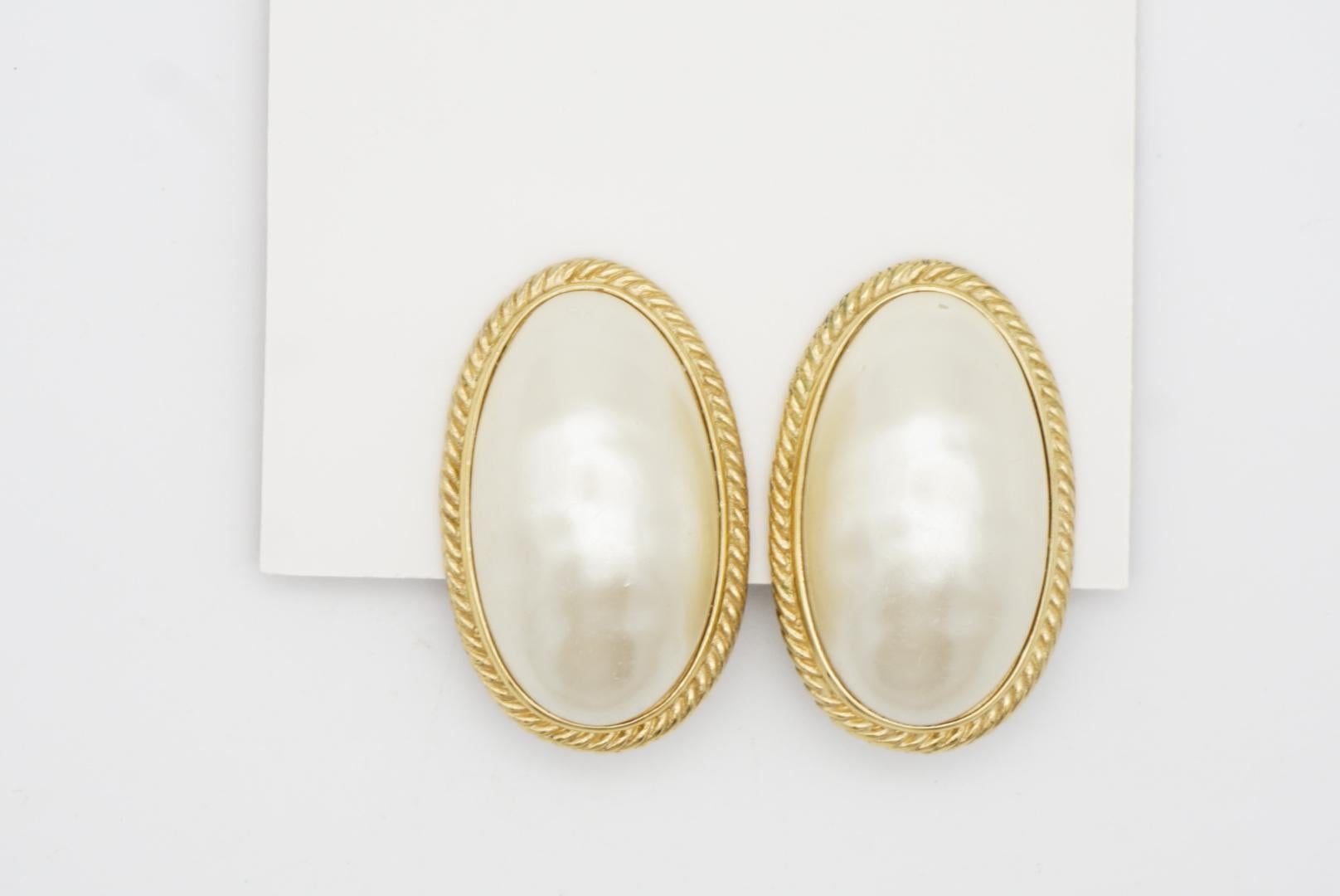 Givenchy Vintage Extra Large White Oval Pearl Gold Elegant Chunky Clip Earrings For Sale 1