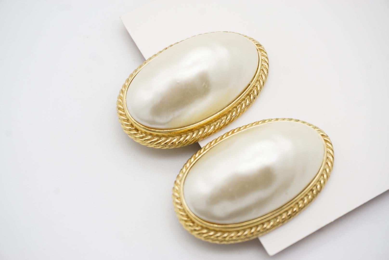 Givenchy Vintage Extra Large White Oval Pearl Gold Elegant Chunky Clip Earrings For Sale 2