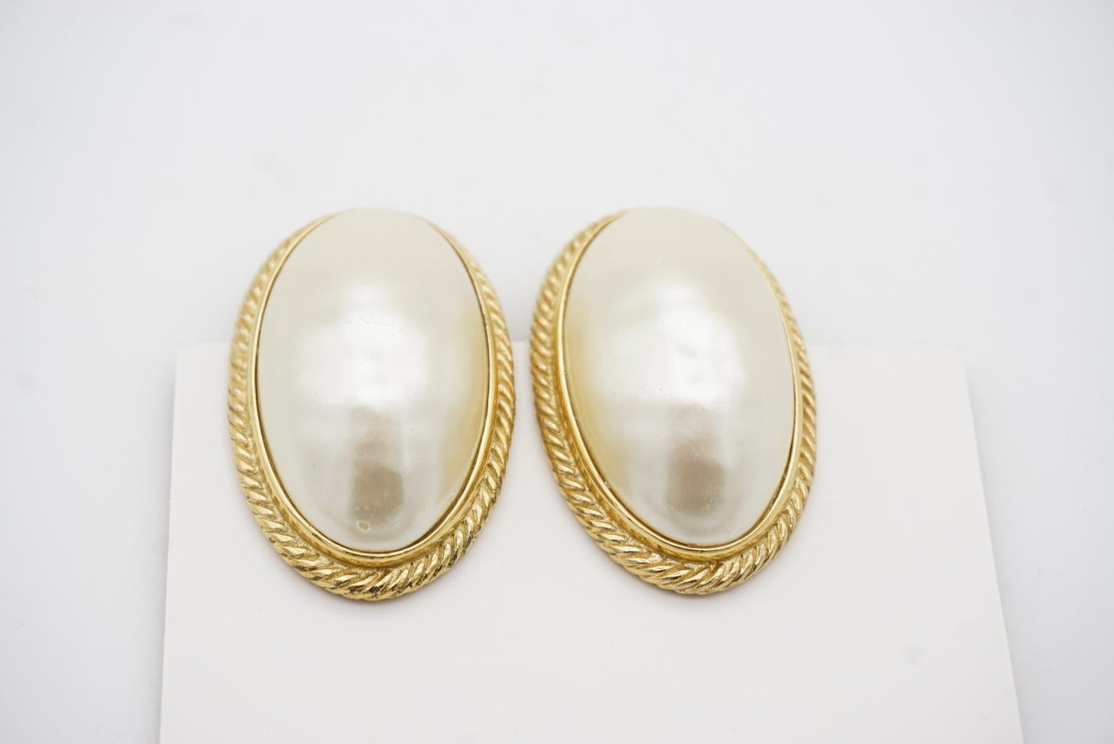 Givenchy Vintage Extra Large White Oval Pearl Gold Elegant Chunky Clip Earrings For Sale 3