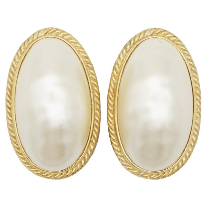 Givenchy Vintage Extra Large White Oval Pearl Gold Elegant Chunky Clip Earrings For Sale