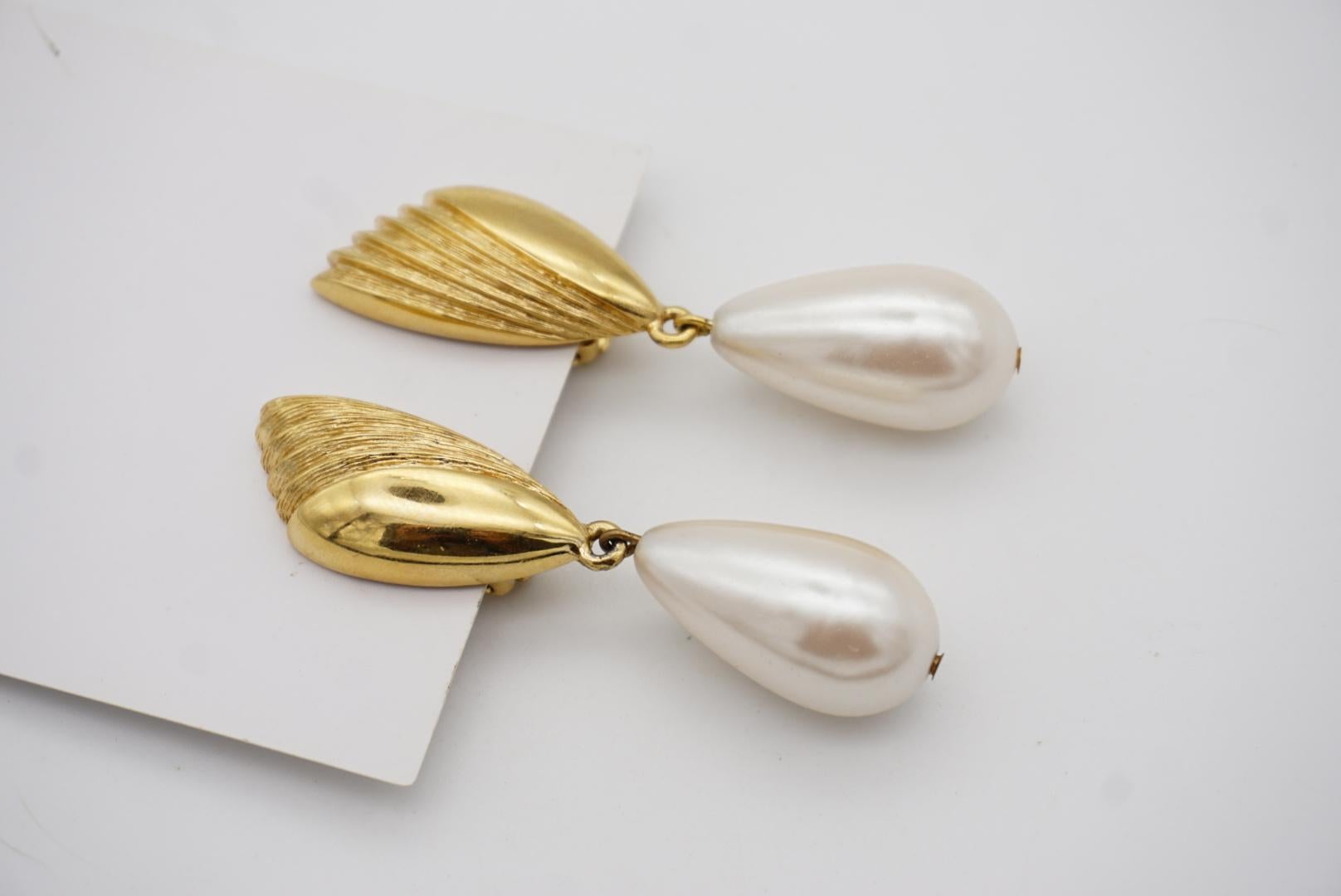 Givenchy Vintage Fan Pearl Crystal Tear Water Drop Elegant Gold Clip Earrings For Sale 4