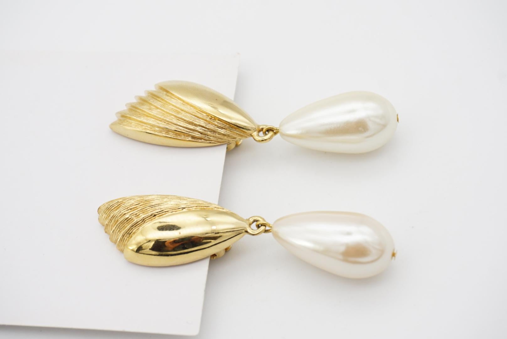 Givenchy Vintage Fan Pearl Crystal Tear Water Drop Elegant Gold Clip Earrings For Sale 6