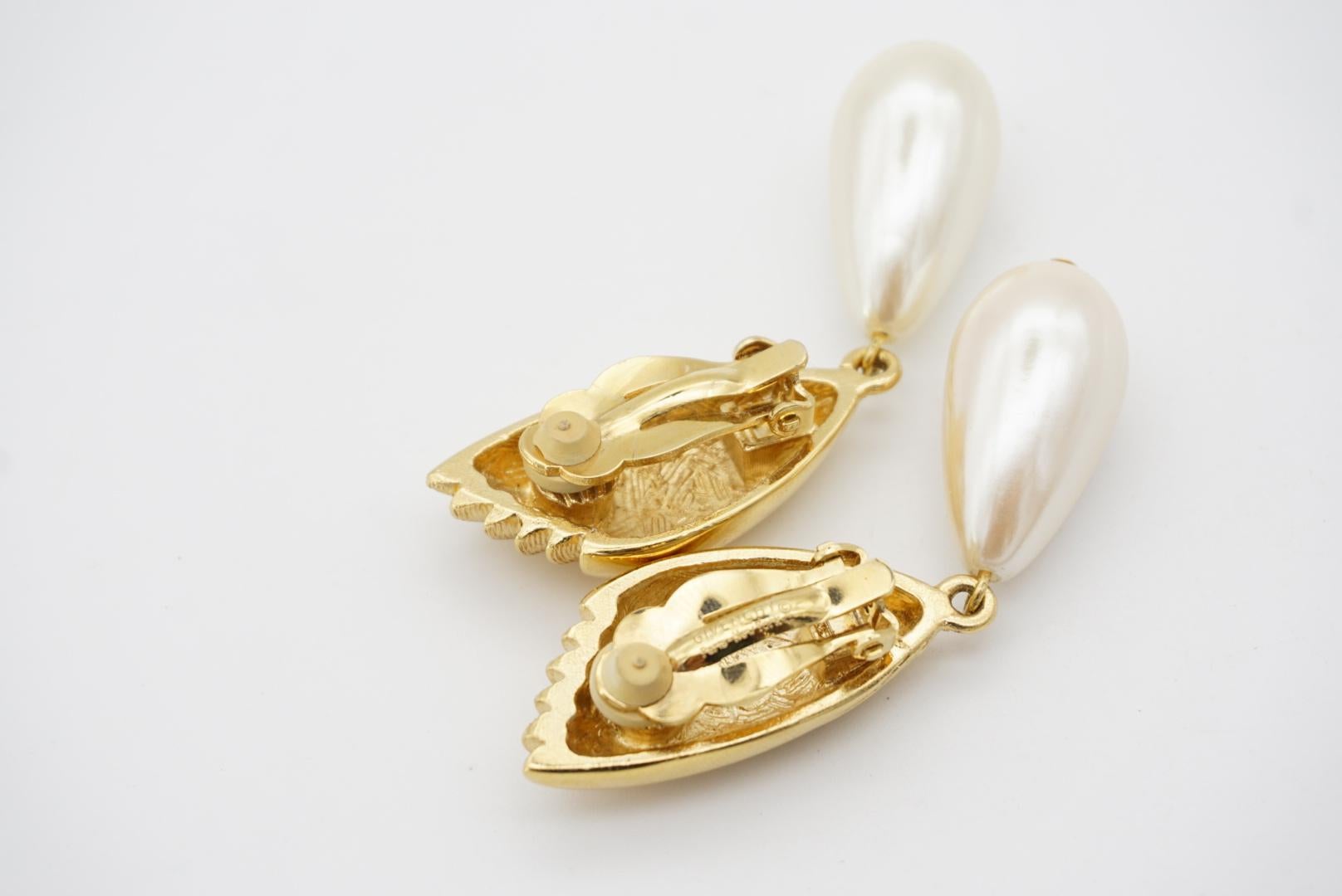 Givenchy Vintage Fan Pearl Crystal Tear Water Drop Elegant Gold Clip Earrings 5