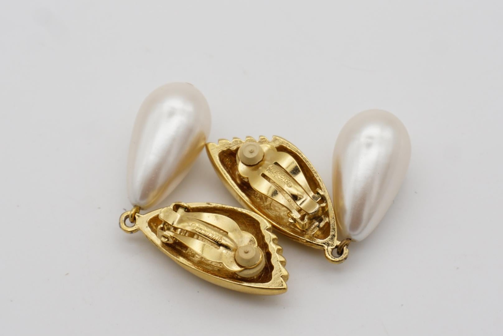 Givenchy Vintage Fan Pearl Crystal Tear Water Drop Elegant Gold Clip Earrings For Sale 8