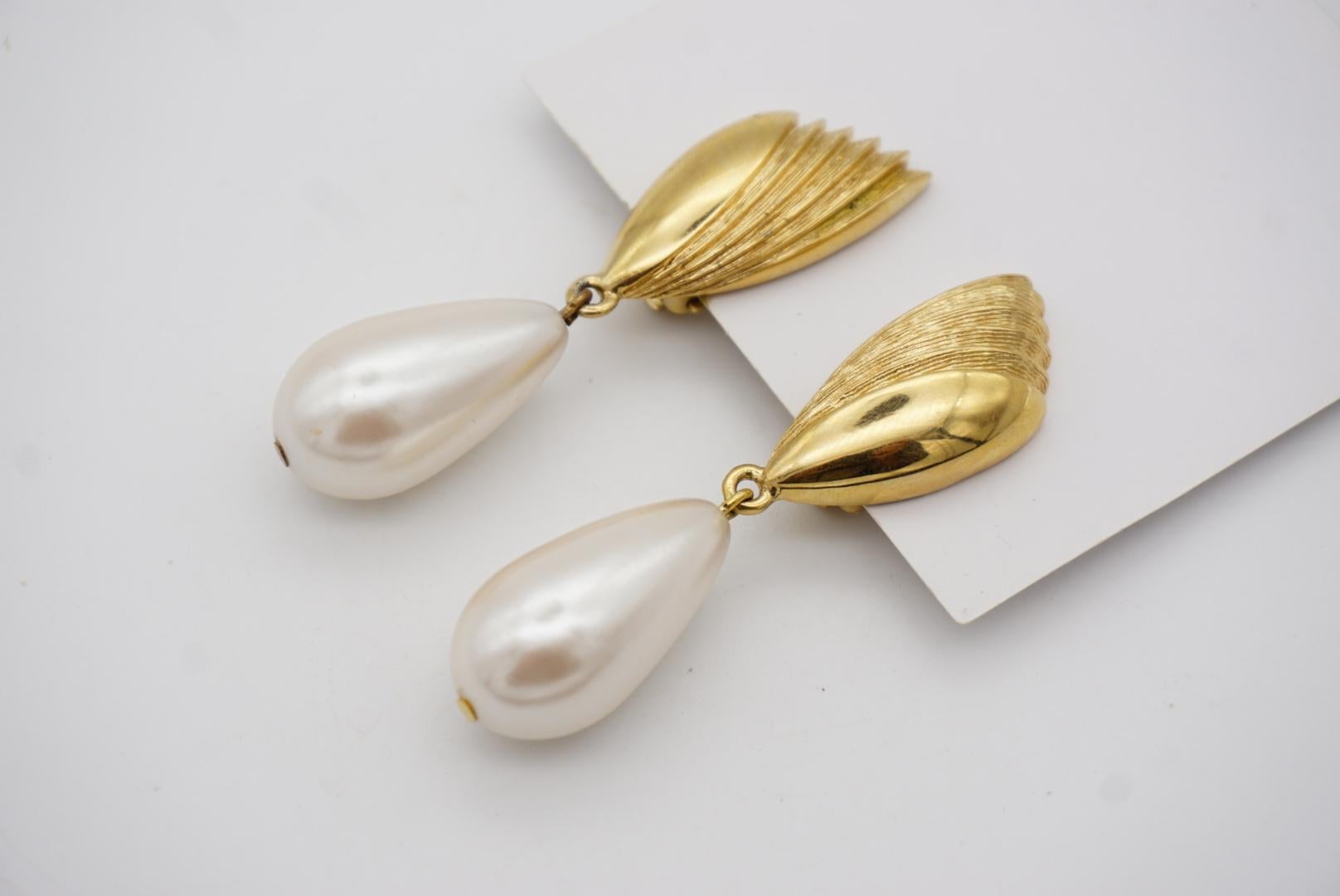 Givenchy Vintage Fan Pearl Crystal Tear Water Drop Elegant Gold Clip Earrings For Sale 8