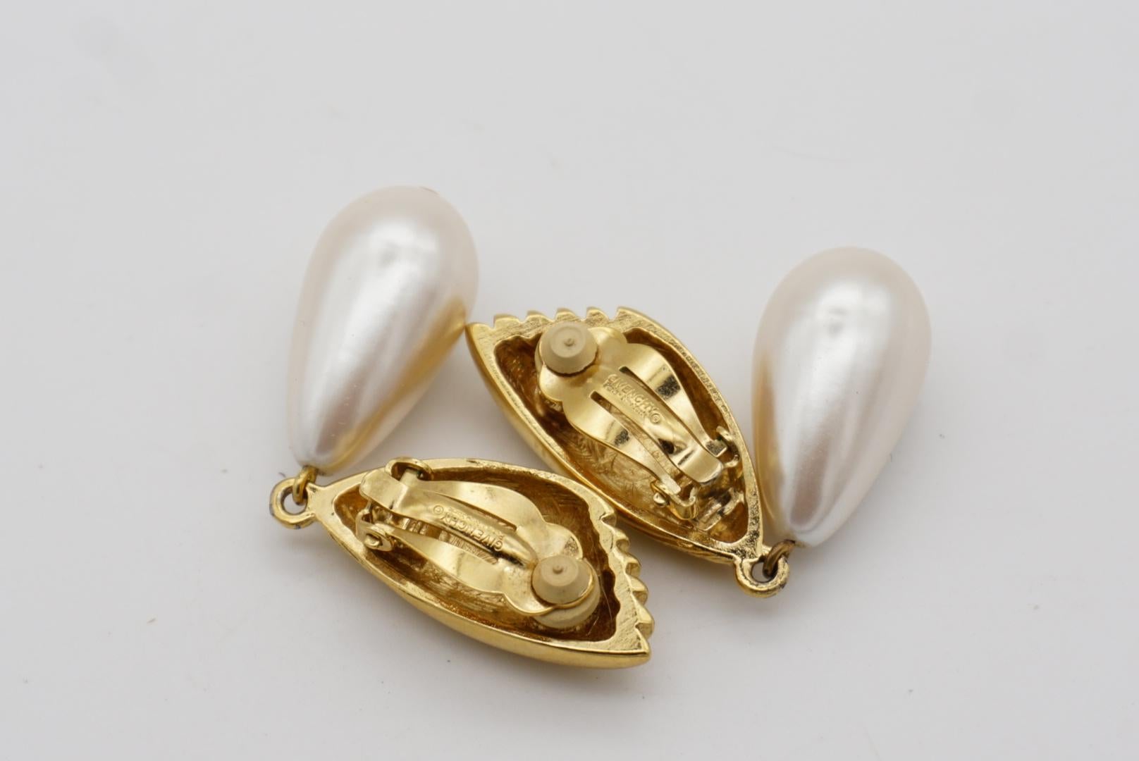 Givenchy Vintage Fan Pearl Crystal Tear Water Drop Elegant Gold Clip Earrings For Sale 9