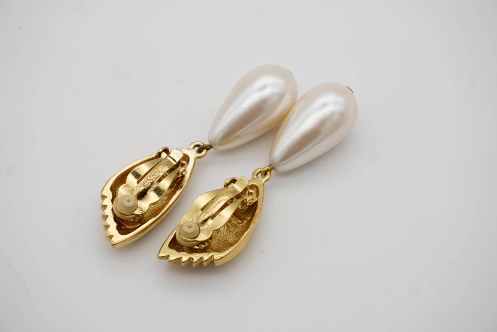 Givenchy Vintage Fan Pearl Crystal Tear Water Drop Elegant Gold Clip Earrings For Sale 10