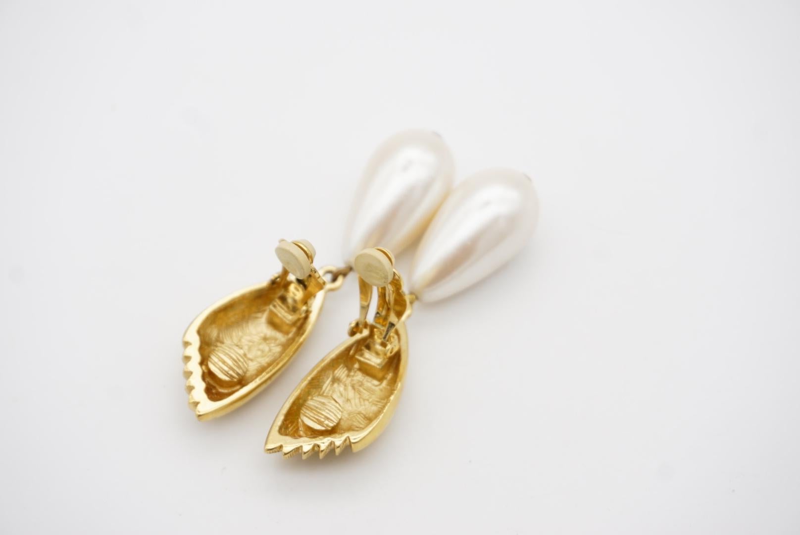 Givenchy Vintage Fan Pearl Crystal Tear Water Drop Elegant Gold Clip Earrings For Sale 10