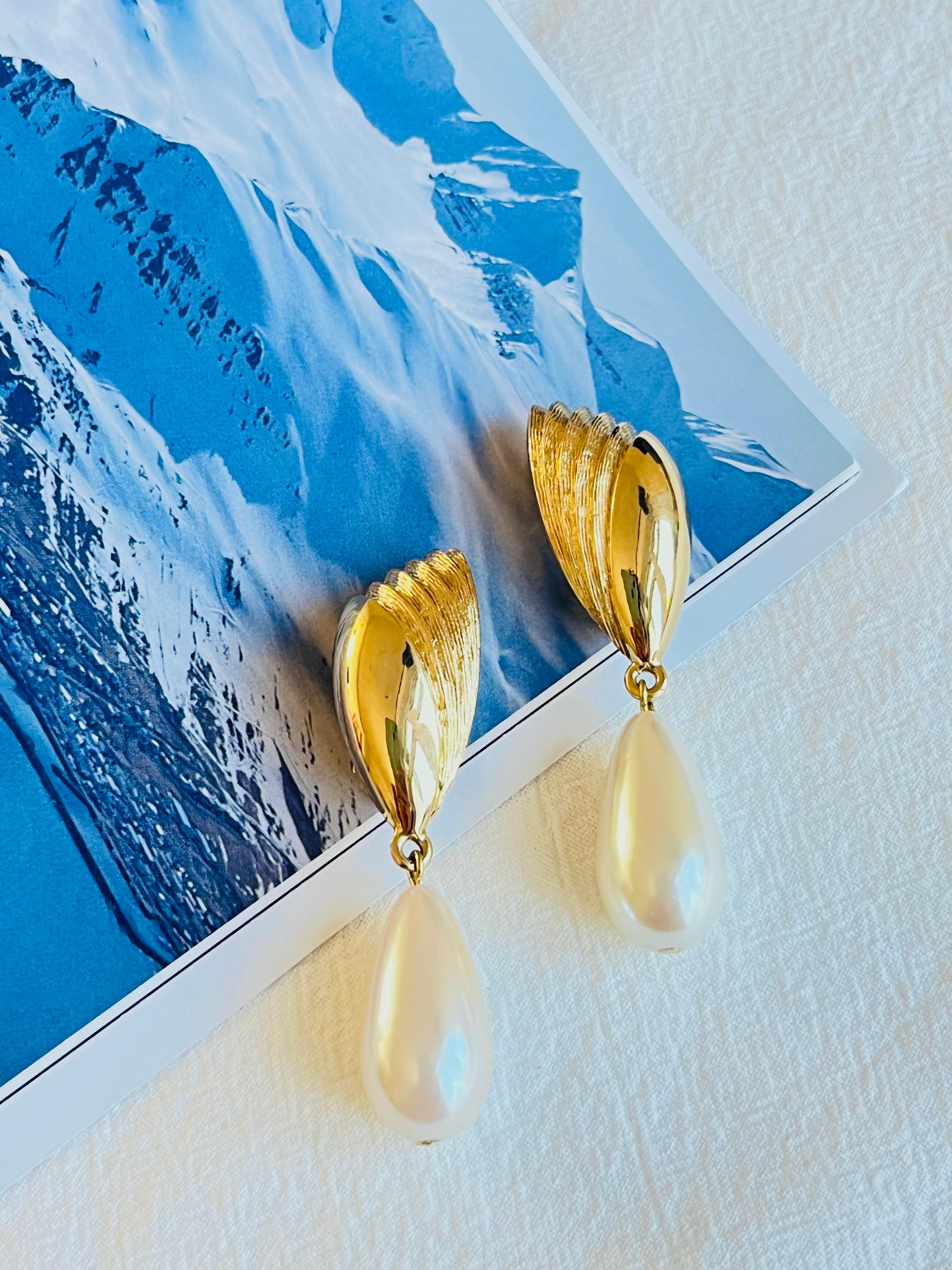 Art Deco Givenchy Vintage Fan Pearl Crystal Tear Water Drop Elegant Gold Clip Earrings For Sale