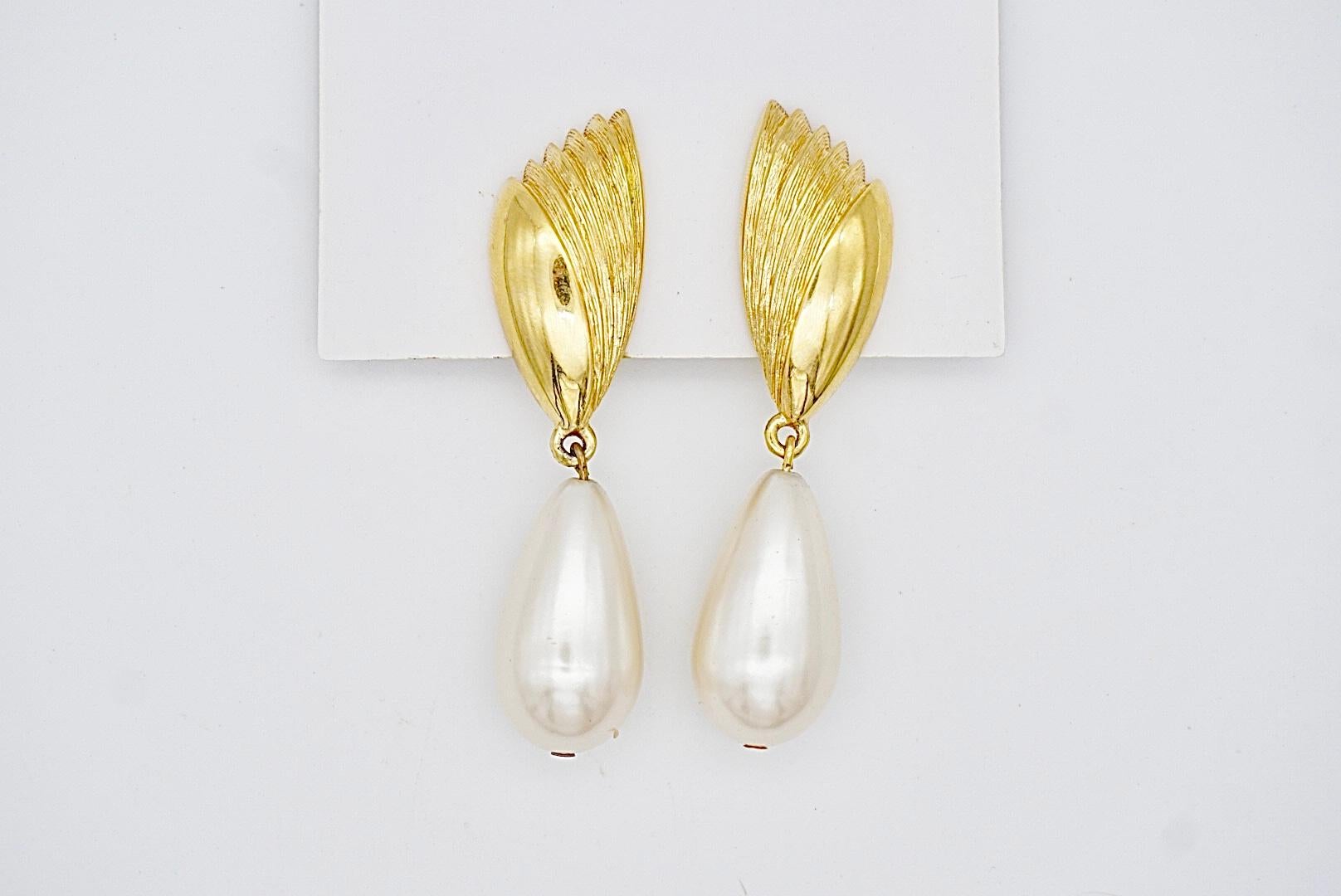 Givenchy Vintage Fan Pearl Crystal Tear Water Drop Elegant Gold Clip Earrings For Sale 2