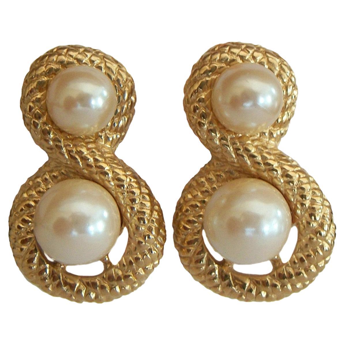 Givenchy, Vintage Faux Pearl & Gold Tone Earrings, Signed, circa 1980s For Sale