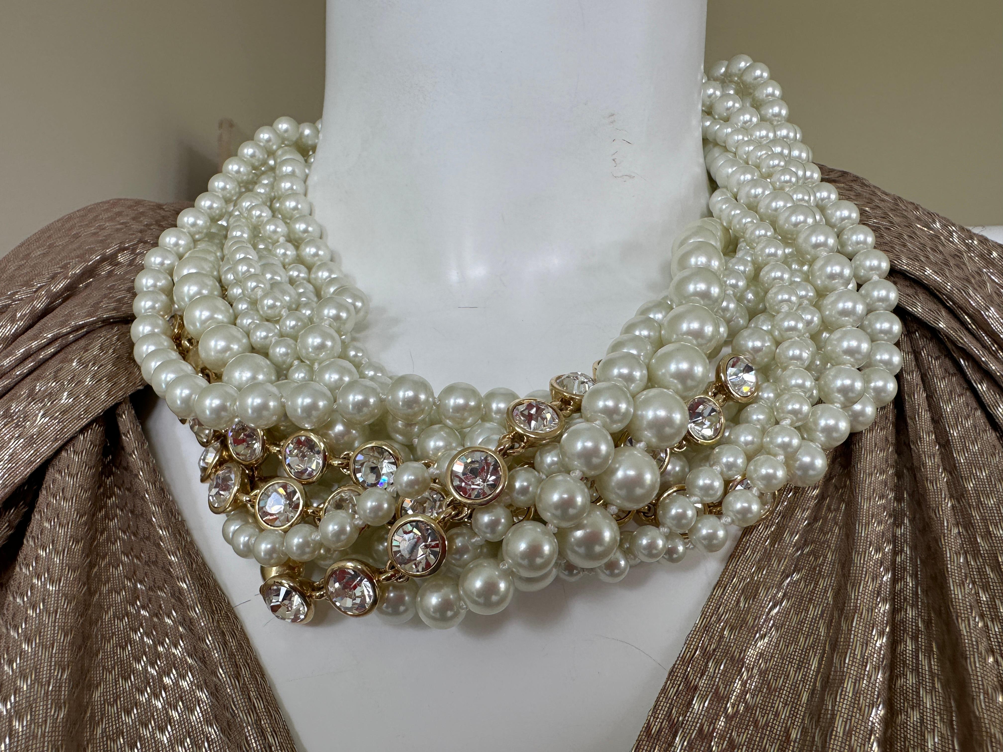 Givenchy Vintage Glass Pearl Torsade with Rows of Bezel Set Crystals In Excellent Condition For Sale In Cloverdale, CA