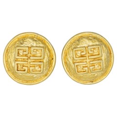 Givenchy Vintage Gold Large 4G Round Logo Monogram Relief Chunky Clip Earrings