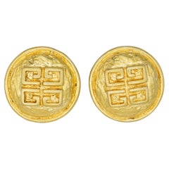 Givenchy Vintage Gold Large 4G Round Logo Monogram Relief Chunky Clip Earrings