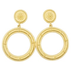 Givenchy Vintage Gold Rare Large Circle Relief Hoop Drop Chunky Clip Earrings