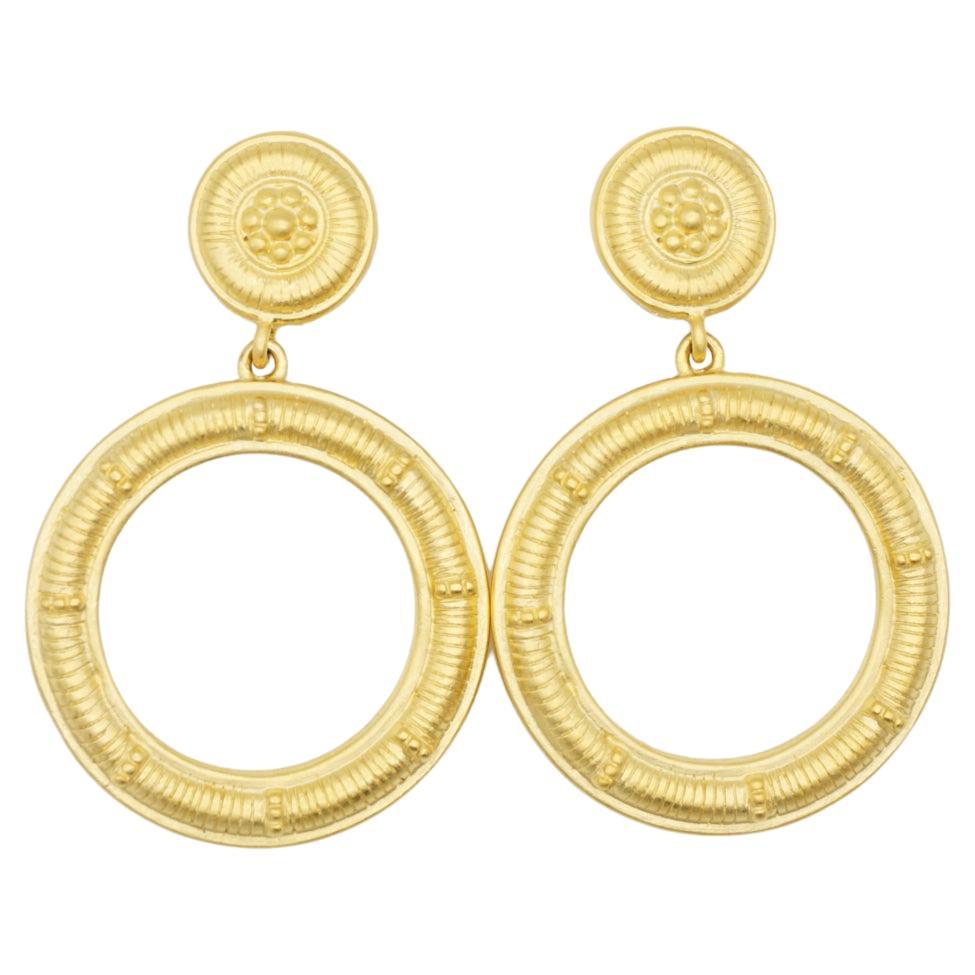 Givenchy Vintage Gold Rare Large Circle Relief Hoop Drop Chunky Clip Earrings