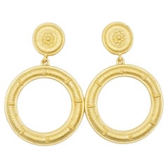 Givenchy Vintage Gold Rare Large Circle Relief Hoop Drop Chunky Clip Earrings
