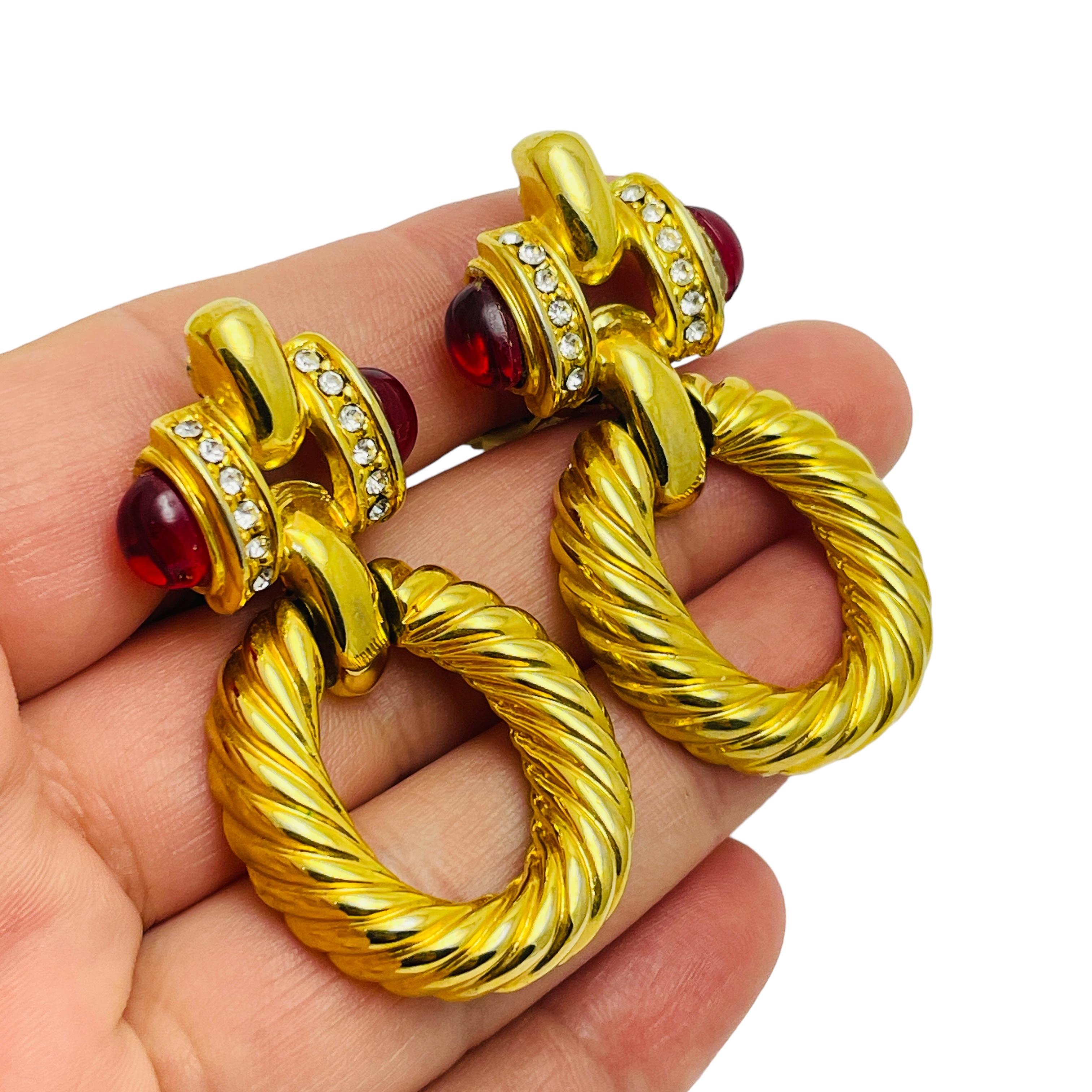De las mujeres GIVENCHY vintage oro rojo diamantes de imitación aldaba de la puerta de diseño clip en pendientes