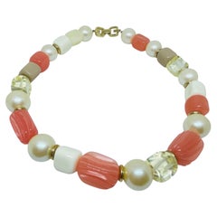 GIVENCHY vintage gold tone logo peach cream pearl resin beaded necklace