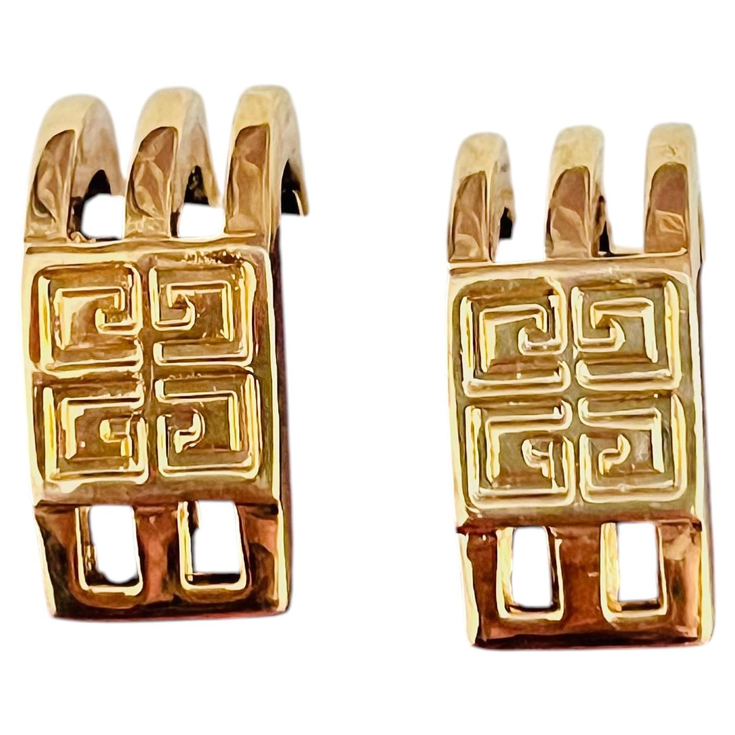 Givenchy Vintage Gold Unisex 4G Monogram Rectangle Openwork Hoop Domed Earrings For Sale