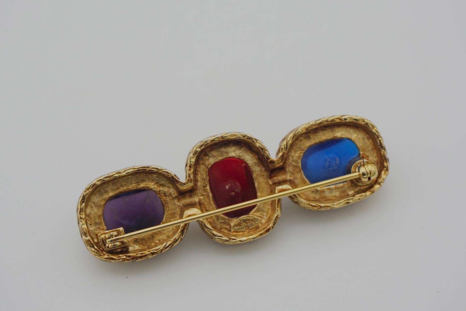 Givenchy Vintage Gripoix Amethyst Ruby Sapphire Trio Crystals Long Bar Brooch For Sale 4