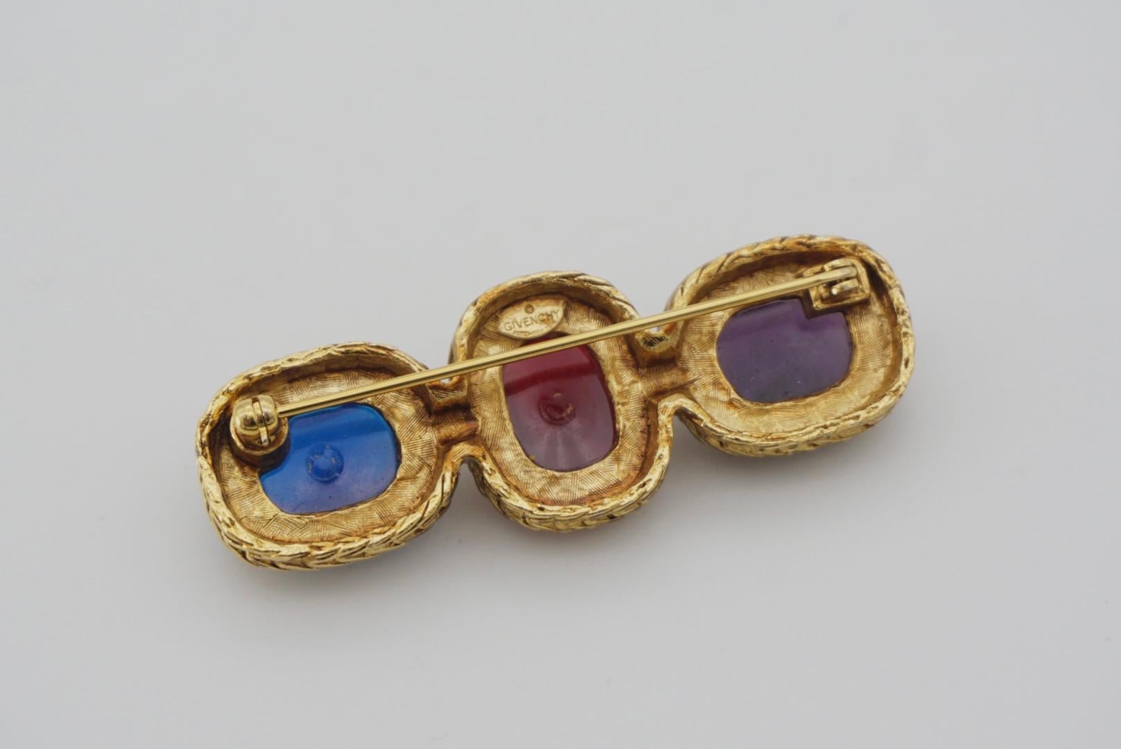 Givenchy Vintage Gripoix Amethyst Ruby Sapphire Trio Crystals Long Bar Brooch For Sale 5