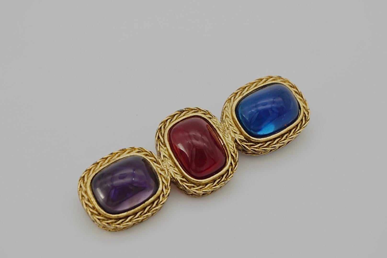 Givenchy Vintage Gripoix Amethyst Ruby Sapphire Trio Crystals Long Bar Brooch For Sale 2