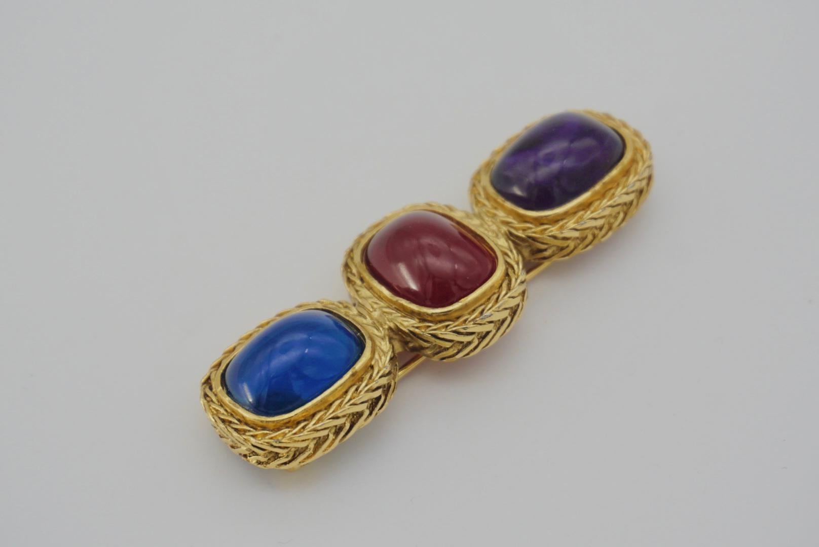 Givenchy Vintage Gripoix Amethyst Ruby Sapphire Trio Crystals Long Bar Brooch For Sale 3