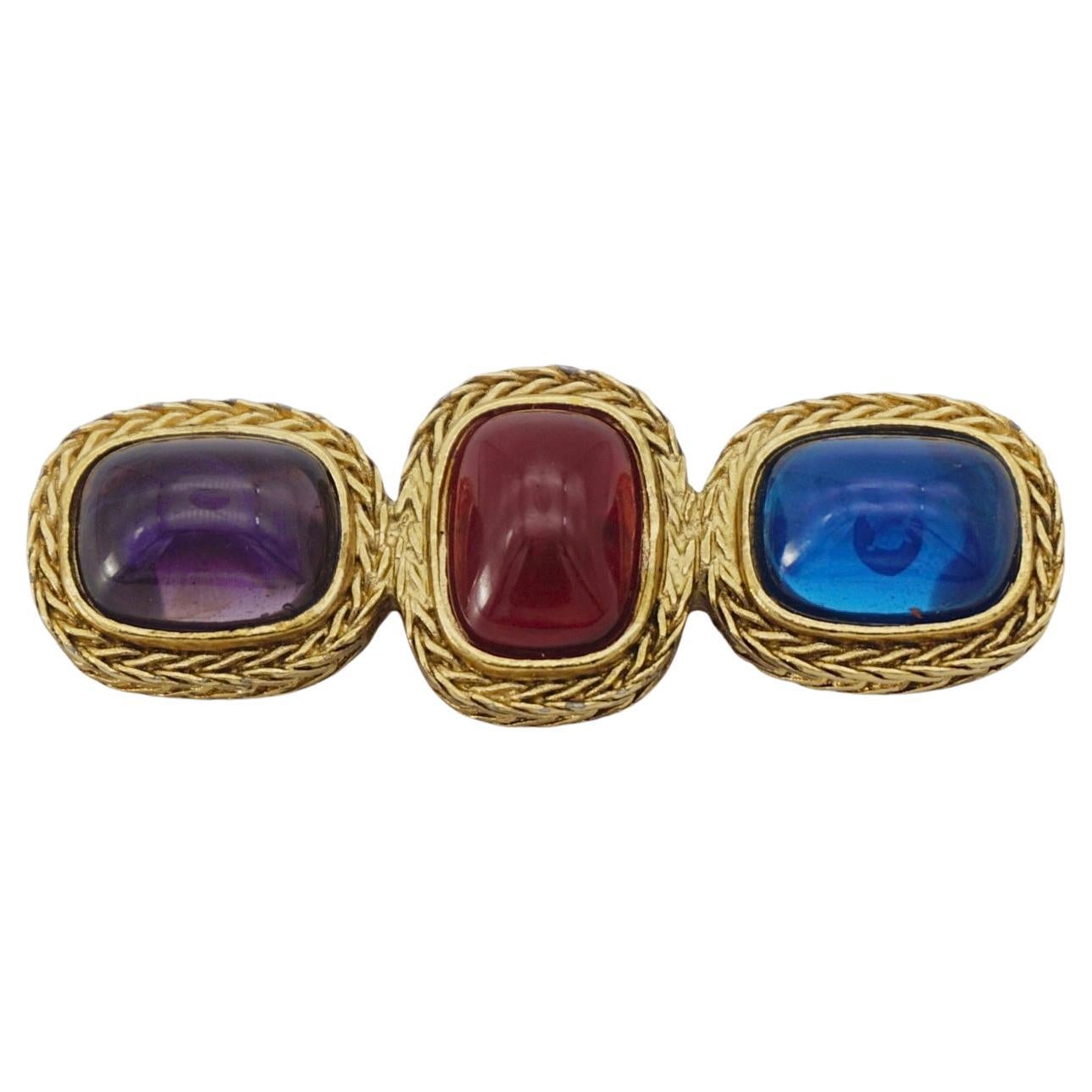 Givenchy Vintage Gripoix Amethyst Ruby Sapphire Trio Crystals Long Bar Brooch For Sale