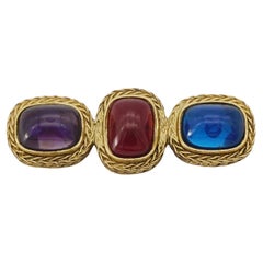 Givenchy Vintage Gripoix Amethyst Ruby Sapphire Trio Crystals Long Bar Brooch