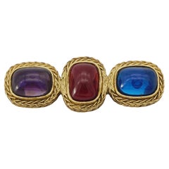 Givenchy Vintage Gripoix Crystals Sapphire Ruby Amethyst Long Bar Trio Brooch