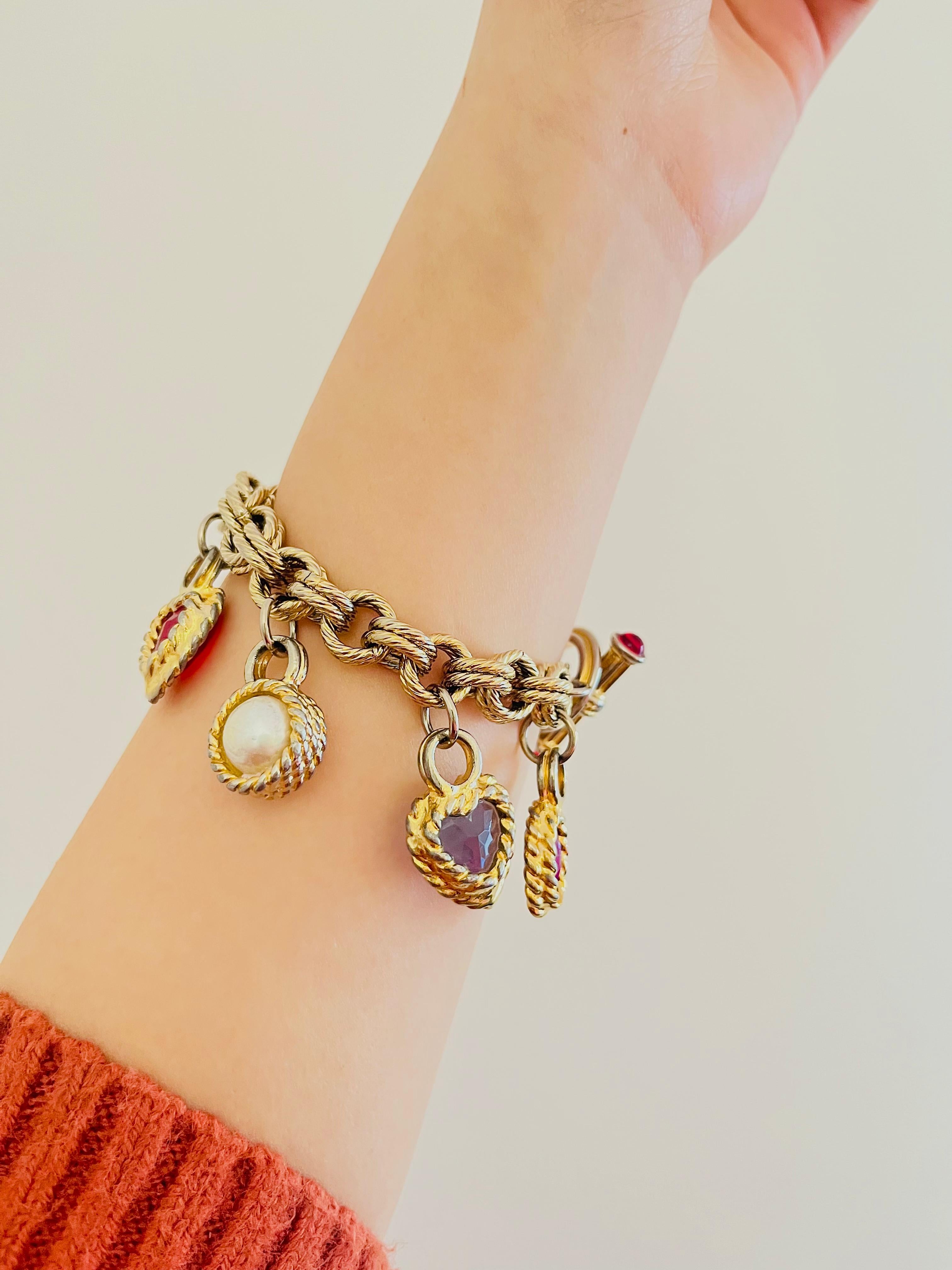 Givenchy Vintage Gripoix Ruby Amethyst Sapphire Pearl Heart Charms Bracelet en vente 1