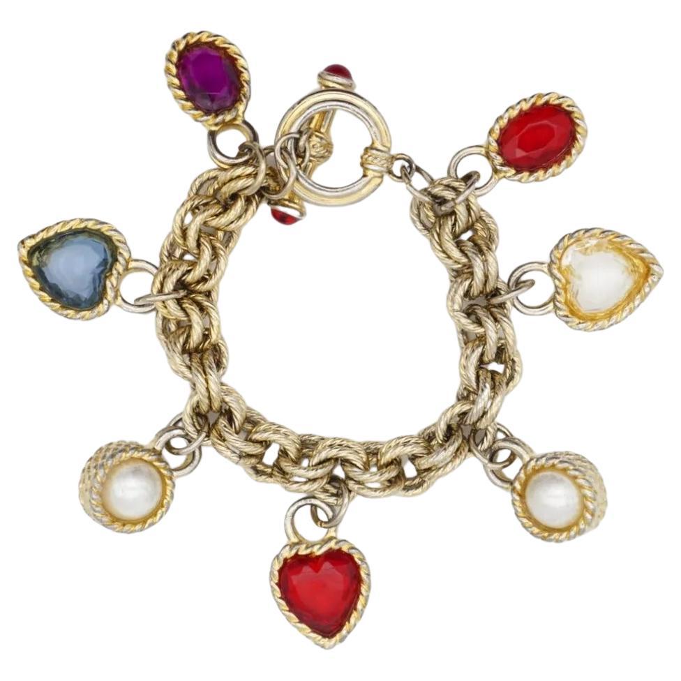 Givenchy Vintage Gripoix Ruby Amethyst Sapphire Pearl Heart Charms Bracelet en vente