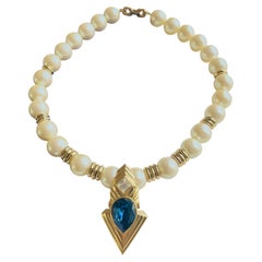 Givenchy Vintage Haute Couture Iconic Sapphire White Round Pearls Drop Necklace