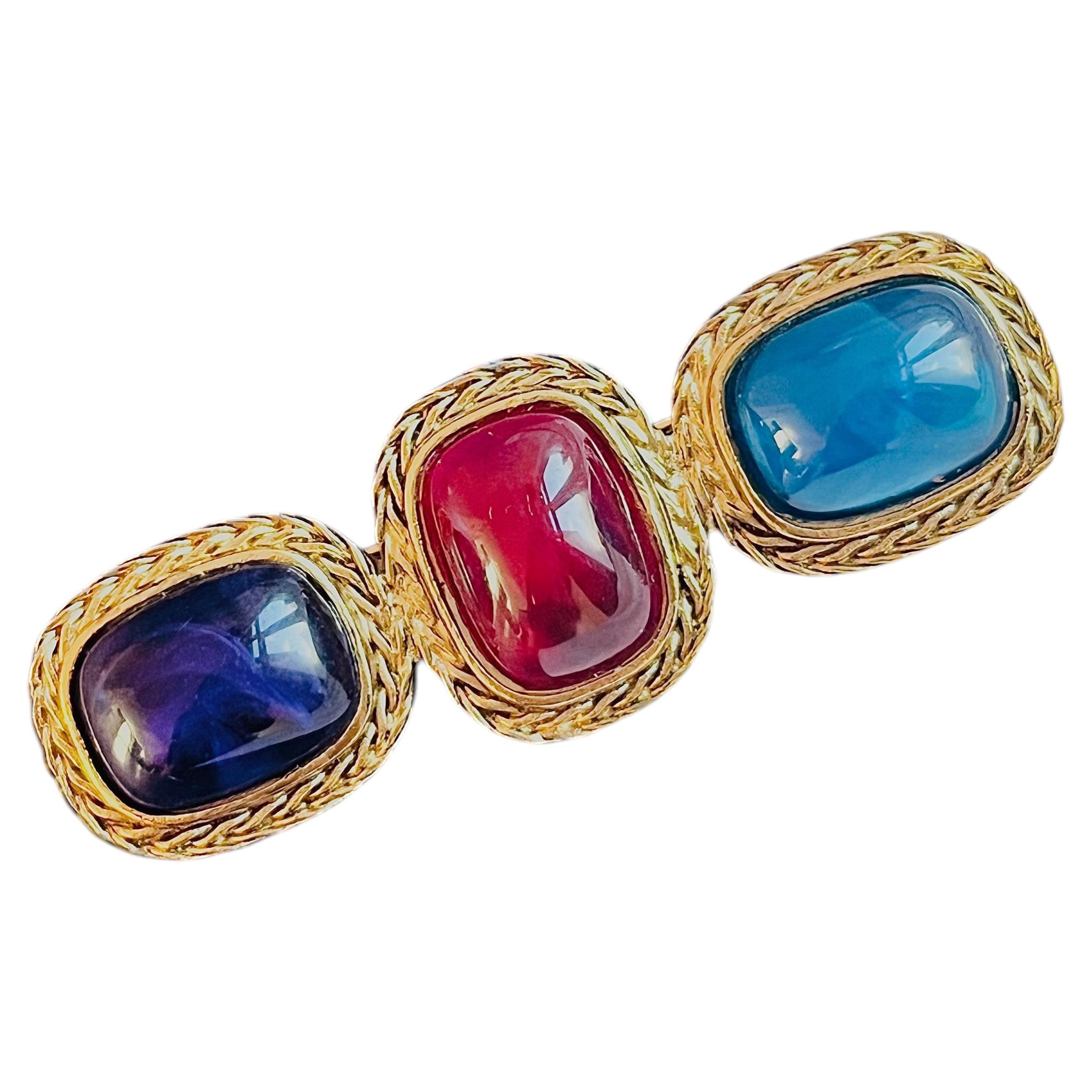 Pre-owned Givenchy Vintage Iconic Gripoix Gold Sapphire Ruby Amethyst Long Chunky Brooch In Purple