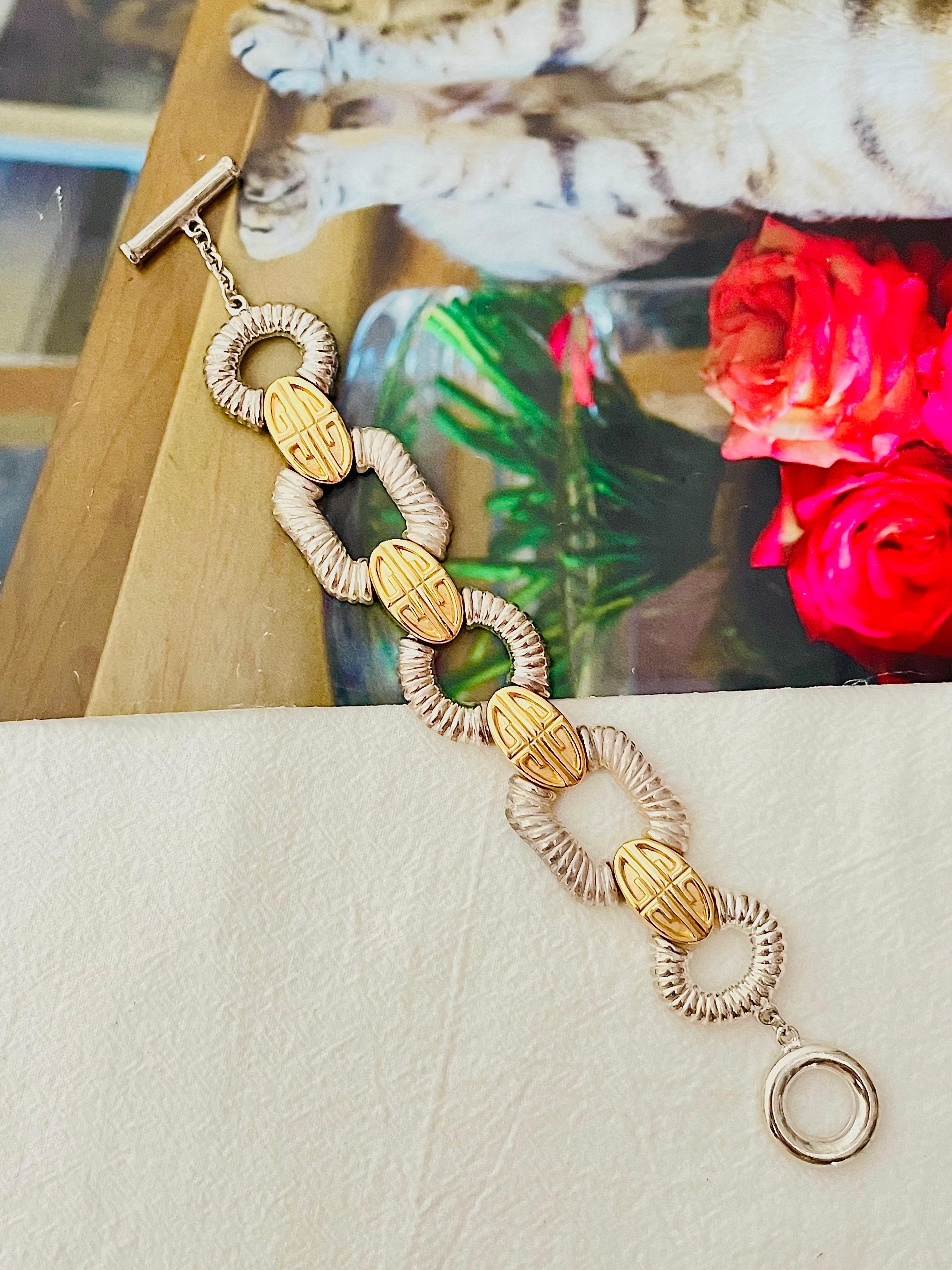Art Deco Givenchy Vintage Iconic Logo Monogram Silver Gold Interlocked Link Bracelet