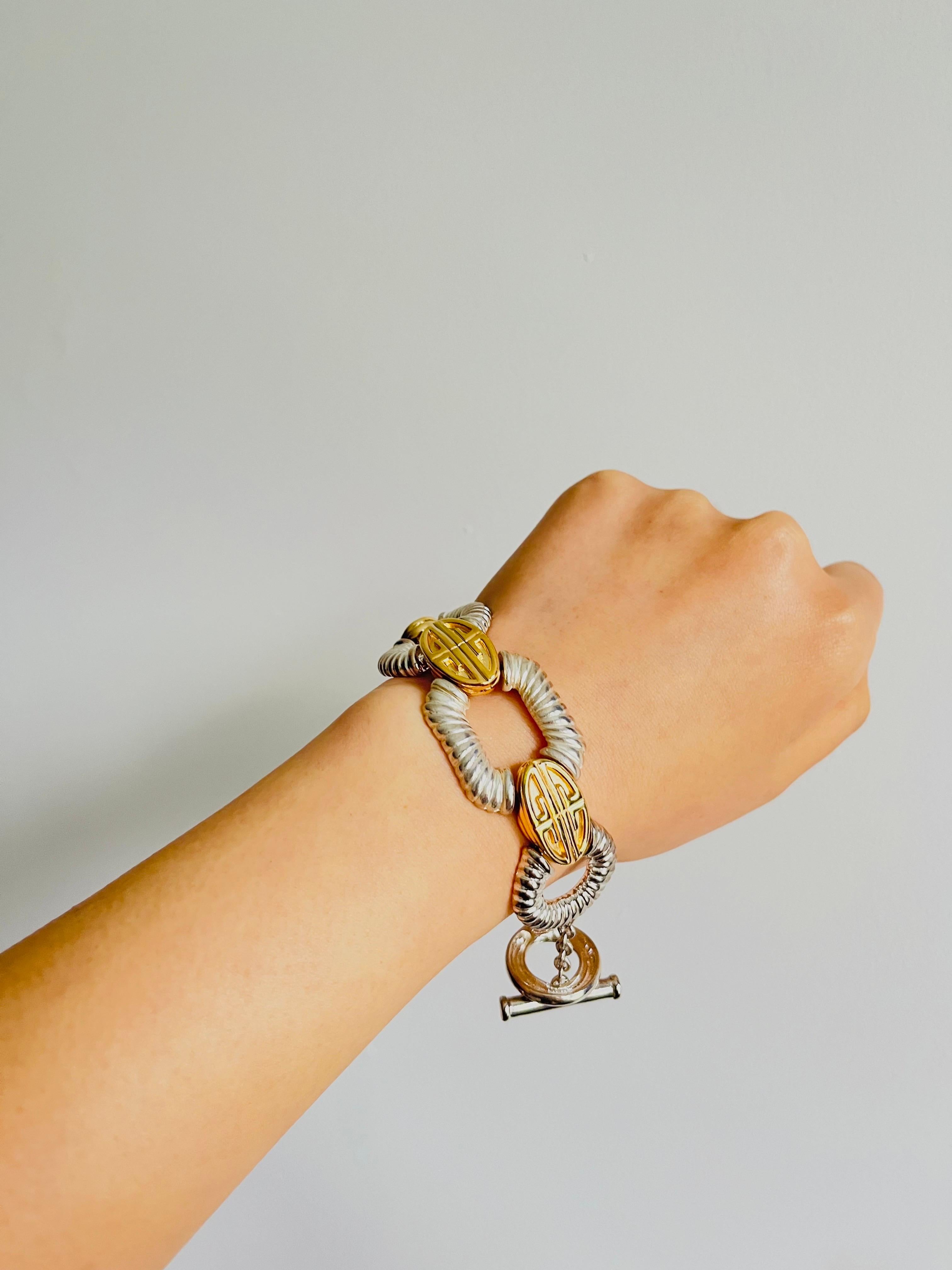 Women's or Men's Givenchy Vintage Iconic Logo Monogram Silver Gold Interlocked Link Bracelet