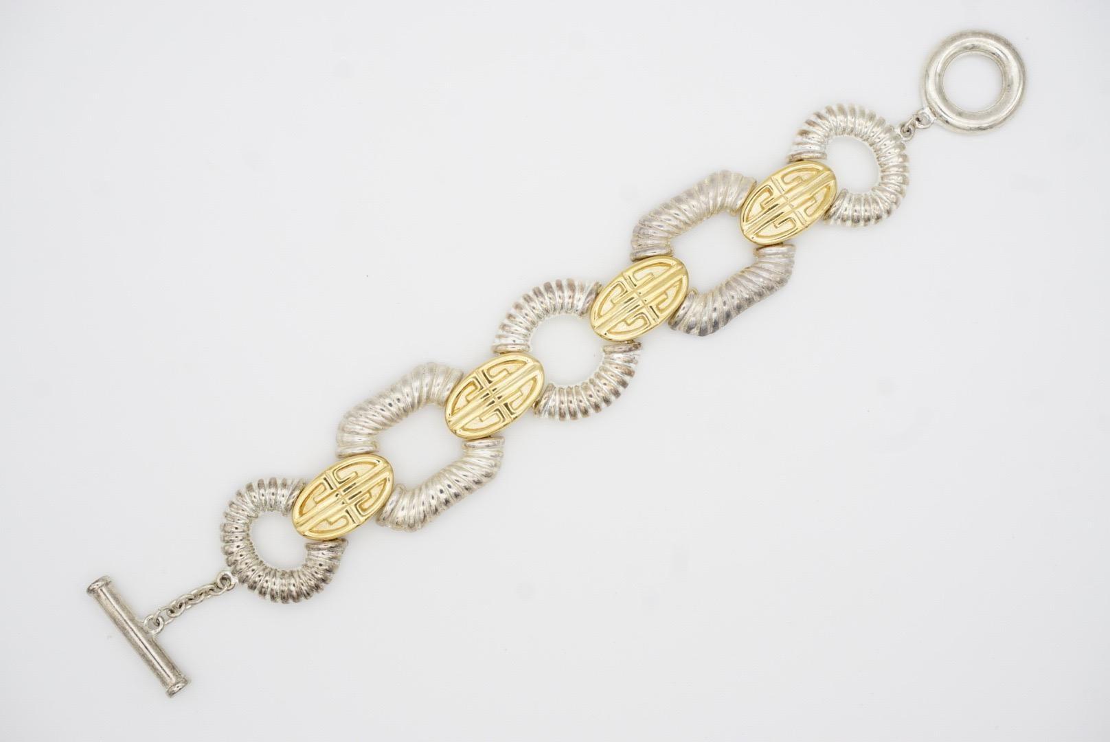 Givenchy Vintage Iconic Logo Monogram Silver Gold Interlocked Link Bracelet 4