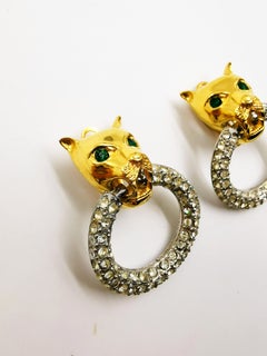 Givenchy Vintage Jaguar Panther Hoop Rhinestone Gold Silver Clip On Earrings