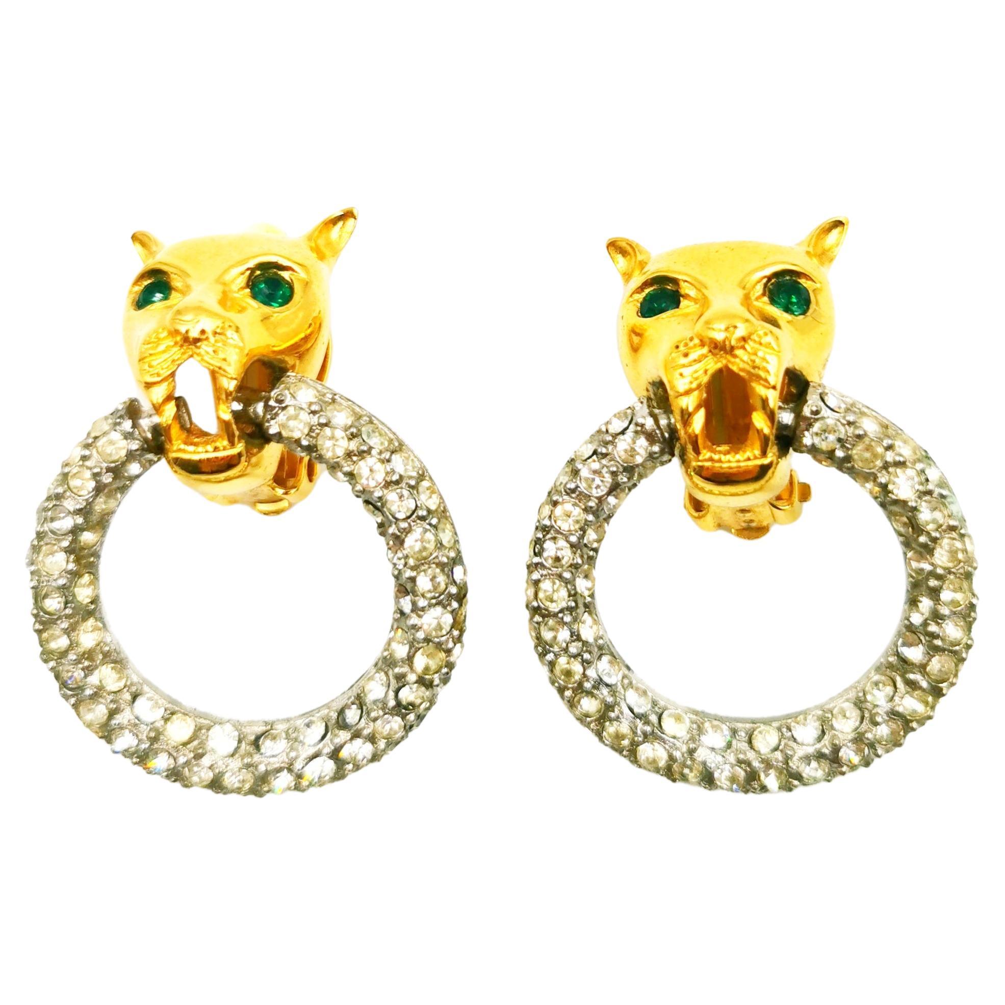 Givenchy Vintage Jaguar Panther Hoop Rhinestone Gold Silver Clip On Earrings For Sale