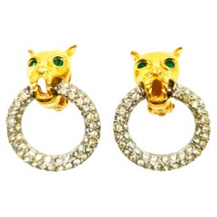 Givenchy Vintage Jaguar Panther Hoop Rhinestone Gold Silver Clip On Earrings