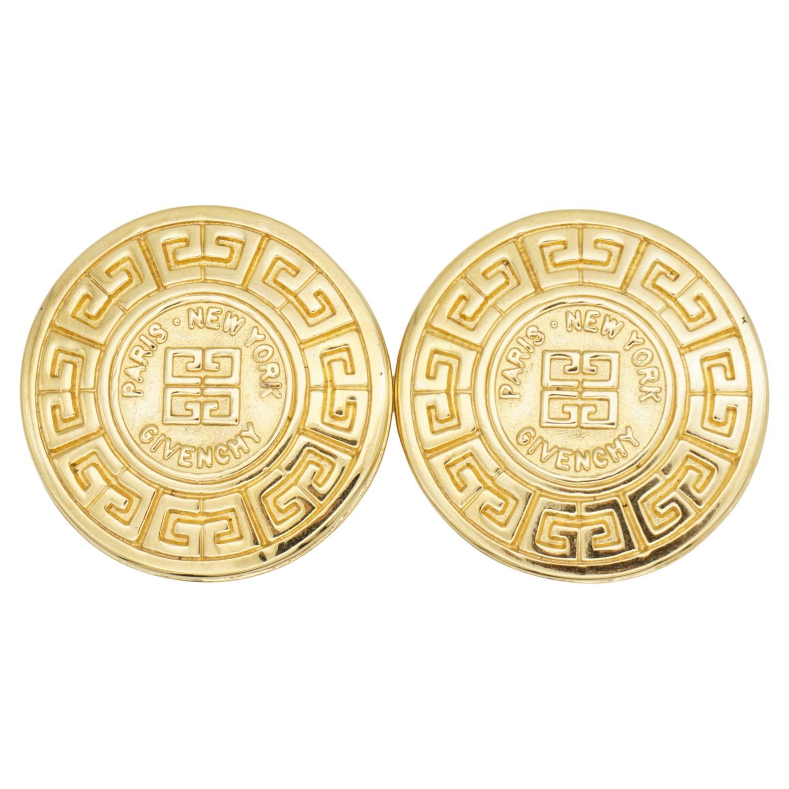 Givenchy Vintage Large 4G Logo Monogram Relief Medallion Button Clip Earrings For Sale