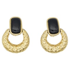 Givenchy Vintage Large Black Enamel Circle Knocker Chunky Drop Clip On Earrings