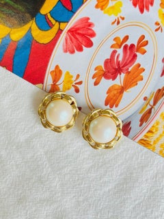 Givenchy Vintage Large Gold Round White Pearl Twist Rope Interlocked Earrings