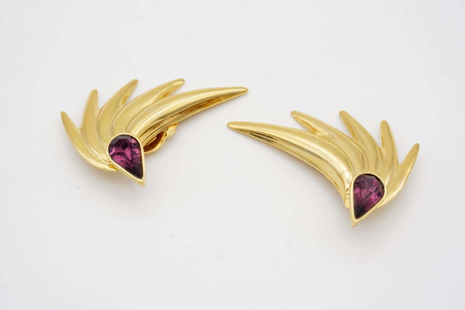 Givenchy Vintage Large Gripoix Amethyst Crystals Tear Drop Wing Leaf Earrings 5