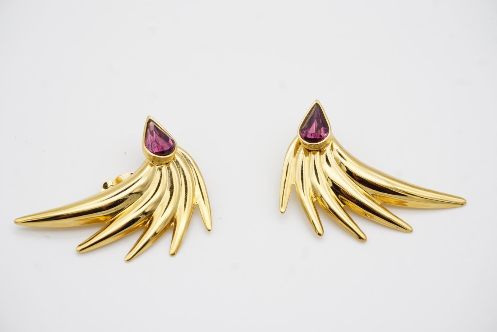 Givenchy Vintage Large Gripoix Amethyst Crystals Tear Drop Wing Leaf Earrings 6